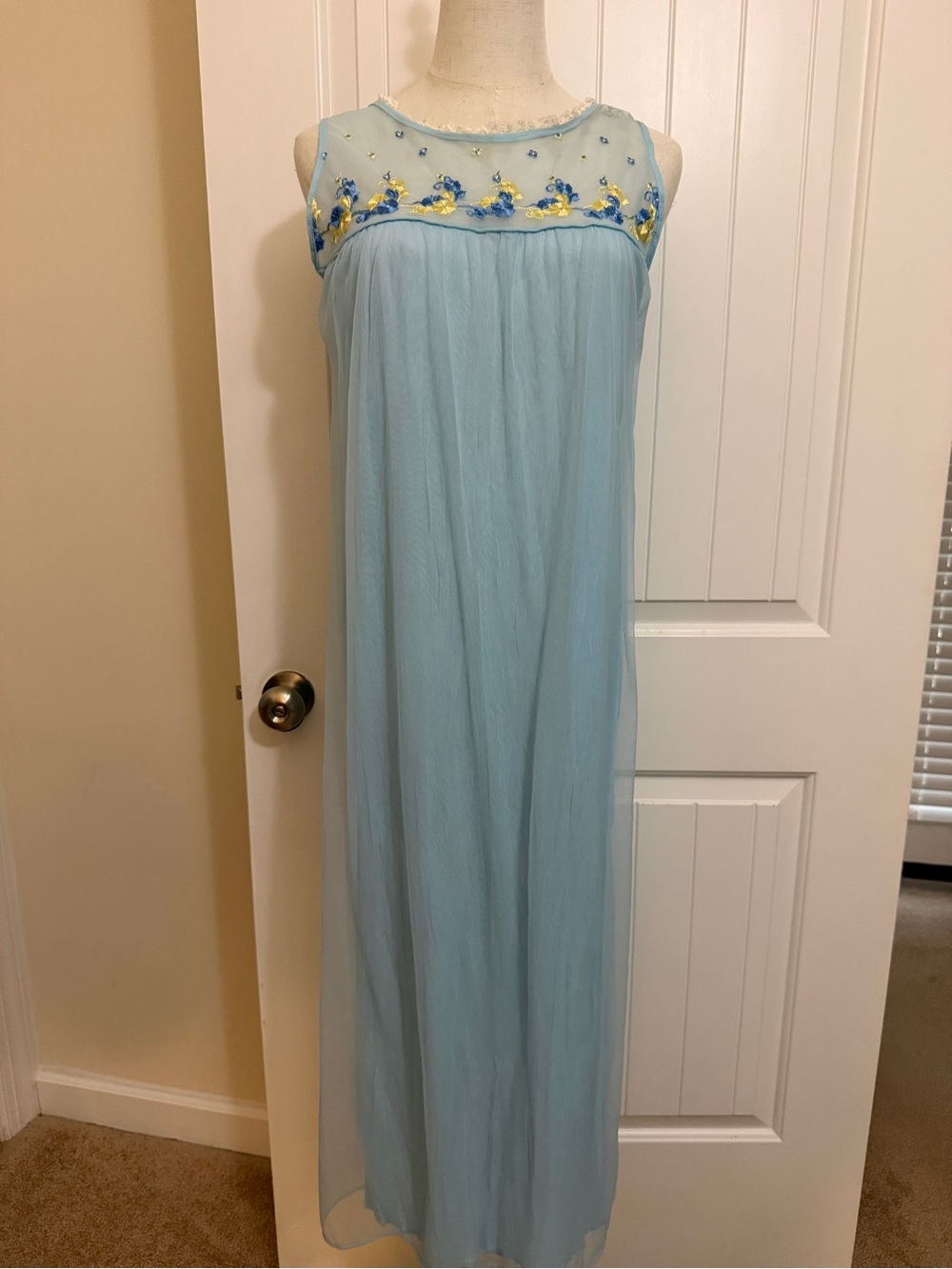Vintage Soft Blue Sheer Layered Front (No Brand tag) Embroidered Yoke Sz Med
